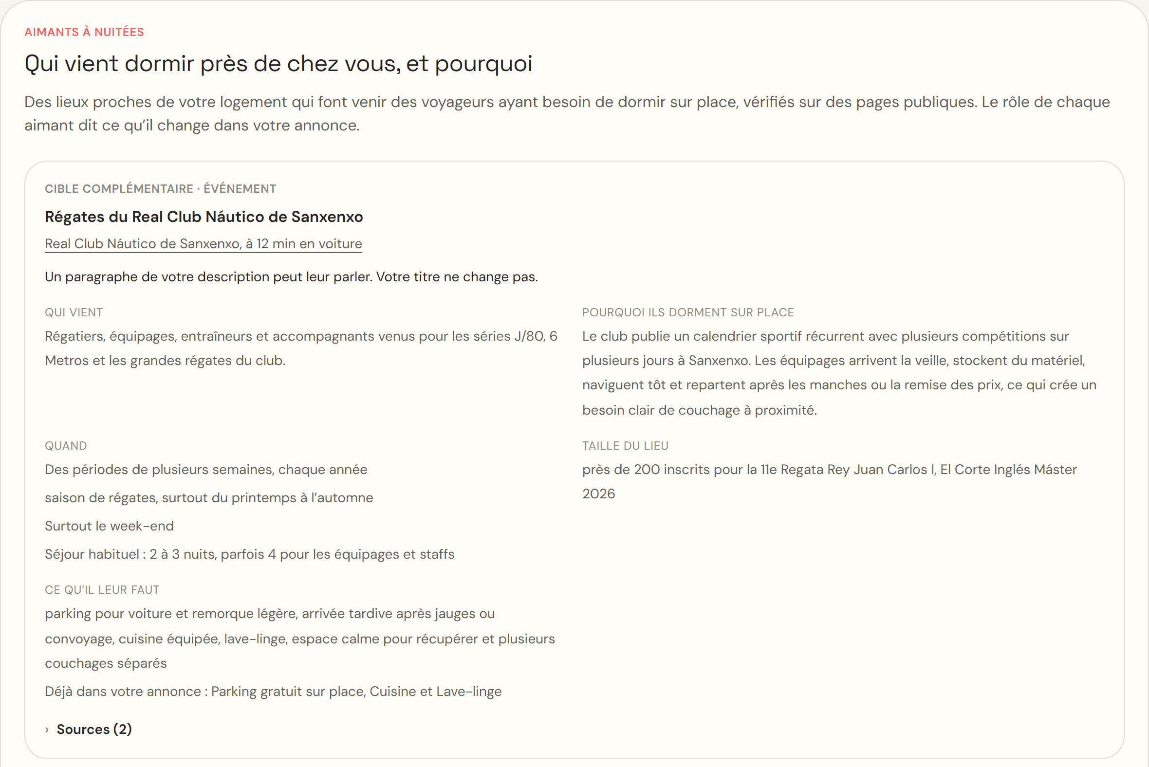 Extrait du rapport exemple : un aimant à nuitées, avec qui vient, quand, et ce qu'il leur faut